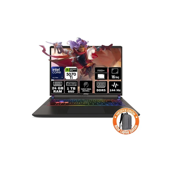 MSI Msı Vector 16 Hx Aı Intel Core Ultra 7 255HX 24GB 1tb SSD RTX5070TI 12GB Windows 11 Pro Fhd+ 16" 144Hz Taşınabilir Bilgisayar A2XWHG-091XTR-A92 ürün görseli 1