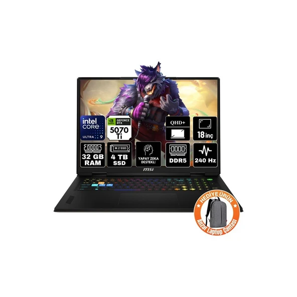MSI Msı Crosshaır 18 Hx Aı Intel Core Ultra 9 275HX 32GB 4tb SSD RTX5070 8gb Freedos 18" Qhd+ 240Hz Taşınabilir Bilgisayar A2XWGKG-014TR-A3 ürün görseli 1