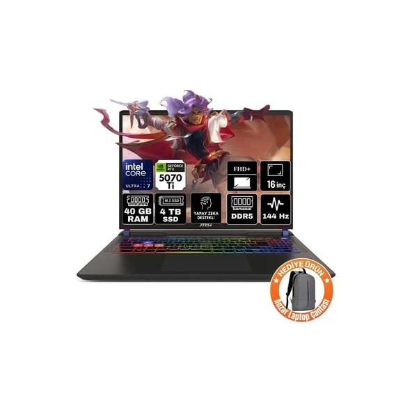 MSI Msı Vector 16 Hx Aı Intel Core Ultra 7 255HX 40GB 4tb SSD RTX5070TI 12GB Windows 11 Pro Fhd+ 16" 144Hz Taşınabilir Bilgisayar A2XWHG-091XTR-A59 ürün görseli 1