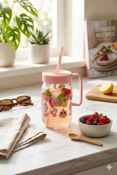 Pembe Kapaklı Pipetli Kulplu Cam Kupa Desenli Çocuk Su Süt Meyve Suyu Bardağı 370 ml ürün görseli 1