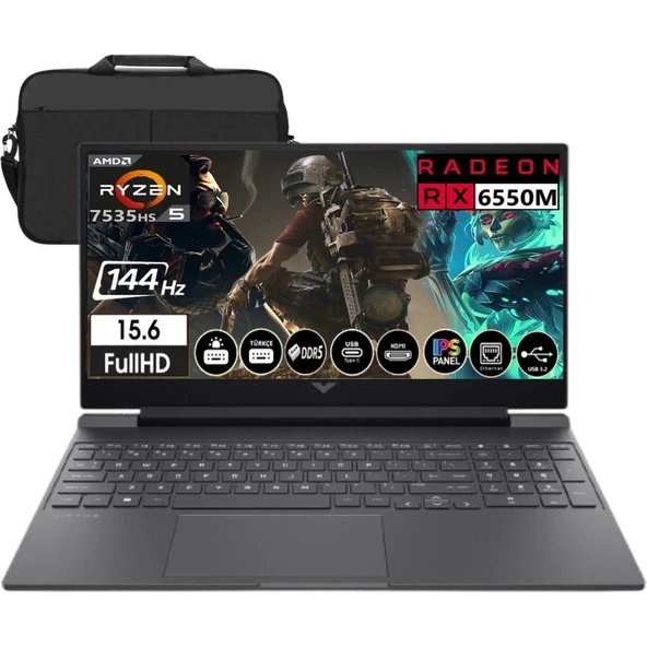 HP Victus 15-FB2028NT Amd Ryzen 5 7535HS 64GB Ram 1tb SSD RX6550M 144Hz Freedos 15.6" Fullhd Taşınabilir Bilgisayar A44MJEA & Cimete Çanta ürün görseli 1