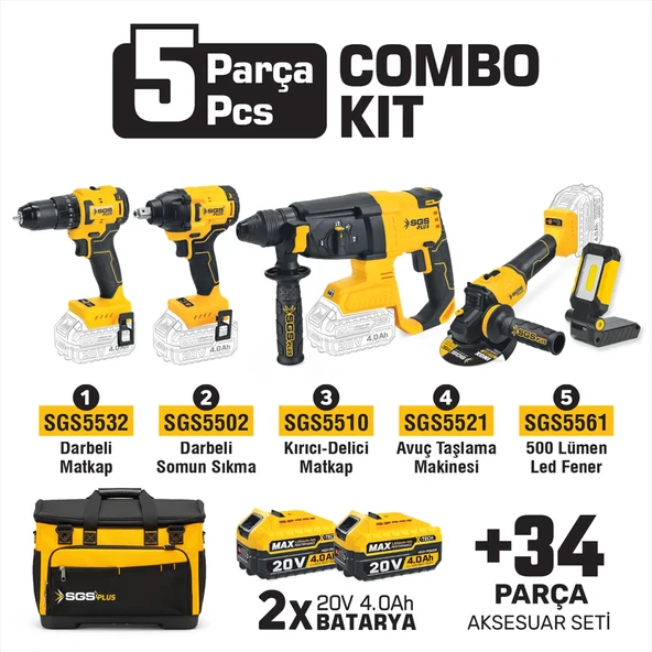 SGS5451 - COMBO SET 5 PARÇA (Darbeli Matkap / Kırıcı-Delici Matkap / Avuç Taslama Makinesi / Darbeli Somun Sıkma / Led Fener) ürün görseli 1