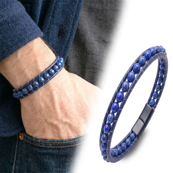 ? Premium 6mm Lapis Taşlı Deri Kordon Ve Çelik Bileklik 31832B2D6M14 ürün görseli 1
