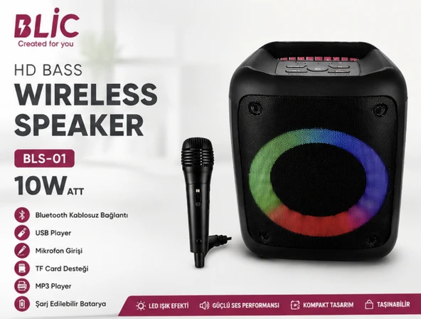 BLIC BLS-01 Wireless Speaker Bluetooth Hoparlör Mikrofonlu RGB Işıklı ürün görseli 1