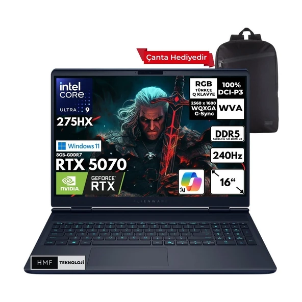 Dell Alienware 16X Aurora Ultra 9-275HX 40-Gbddr5 2 Tbssd RTX5070 (8gb-Gddr7) 16" 2k Wqxga 240Hz Windows 11 Home Taşınabilir Bilgisayar + Hmf Sırt Çantası AC16251-CU932157WHMF8 ürün görseli 1