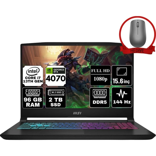 MSI Msı Katana 15 Intel Core I7 13620H 96GB 2tb SSD RTX4070 Freedos 15.6" Fhd 144Hz Taşınabilir Bilgisayar B13VGK-1874XTR-A31 & Anzar Mouse ürün görseli 1