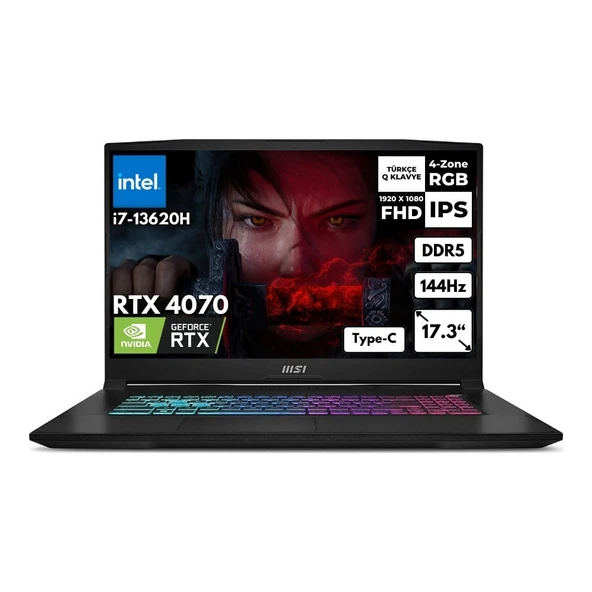 MSI Msı Katana 17 I7-13620H 16-GB DDR5 4 TB SSD RTX4070 (8gb) 17.3" Fhd 144Hz Windows 11 Pro Gaming Laptop B13VGK-1030XTRHMF32 ürün görseli 1