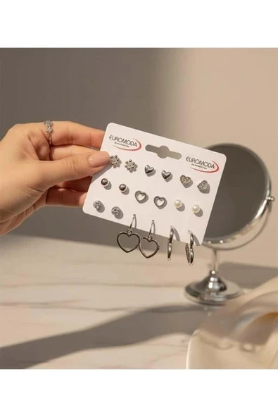 Çiçek Kalp Figürlü 9'lu Küpe Seti ürün görseli 1