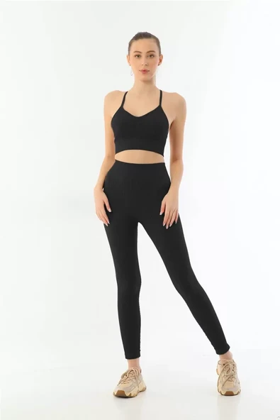 Siyah  3921 Soft Seamless Ripli Tayt Yoga Takımı ürün görseli 1