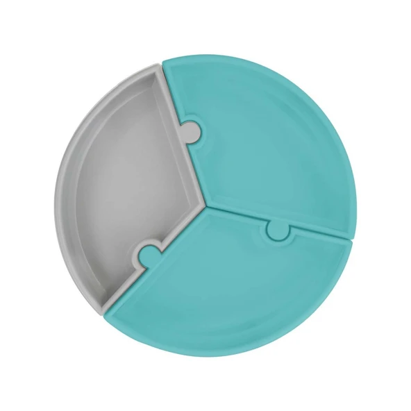 OiOi Puzzle Vakum Tabanlı Silikon Tabak Aqua Green / Powder Grey ürün görseli 1