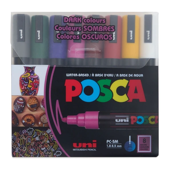 Uni-Ball Posca 1.8-2.5 Su Bazlı Poster Kalemi Markörü Koyu Renkler 8 Li Pc-5M/8C ürün görseli 1