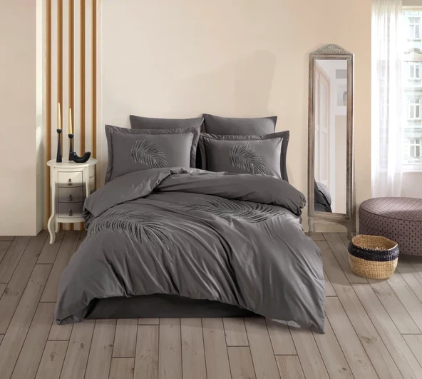 Çift Kişilik Poplin Premium Nakışlı Nev Silvana Gri ürün görseli 1