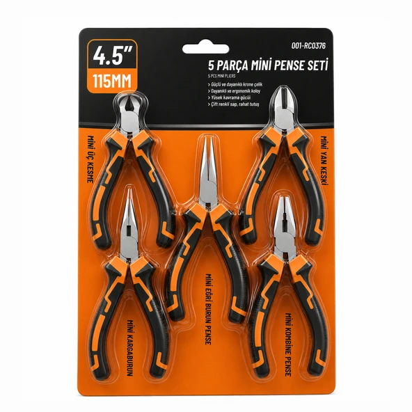 Profesyonel 5 Parça Mini Pense Seti 115 mm 4,5 inch Pratik Pense Kargaburun Yankeski Kablo Kesme Set ürün görseli 1