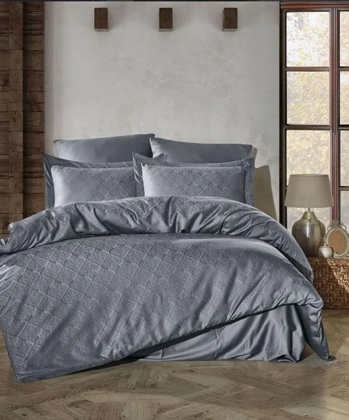 Şaheser Home Collection Jakarlı Saten Çift Kişilik Nev Takımı Harley A.Gri ürün görseli 1
