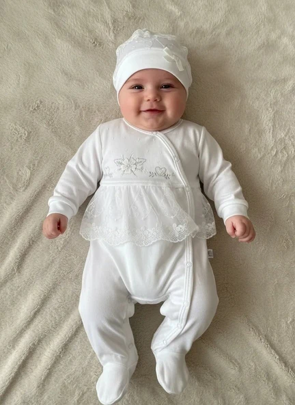 Dantelli Çiçek Nakışlı Kız Bebek Tulum %100 Pamuk ürün görseli 1