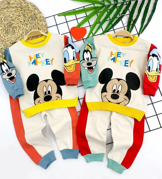 9-12-18-24 Ay Mickey Ve Arkadaşları Desenli Uzun Kollu Sweat 2li Kız Erkek Bebek Takımı Yeşil ürün görseli 1