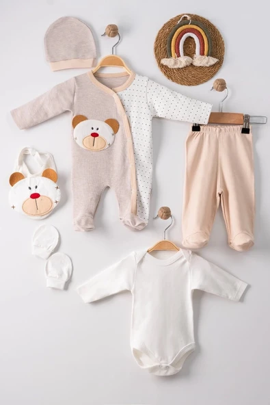 Ayıcık Nakışlı Tulumlu % 100 Pamuk Erkek Bebek 5'li Set ürün görseli 1