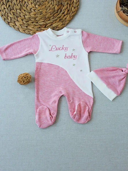 0-3 3-6 Ay Lucky Turk Nakışlı Es Çizgi Boy Şapkalı Kız Bebek Tulumu Pembe ürün görseli 1