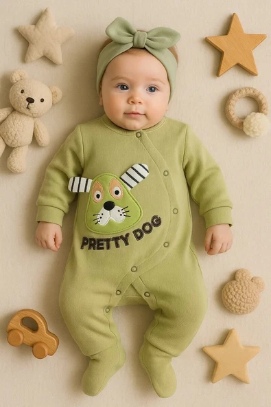 Pretty Dog Nakışlı Bandanalı % 100 Pamuk Kız Bebek Tulumu ürün görseli 1