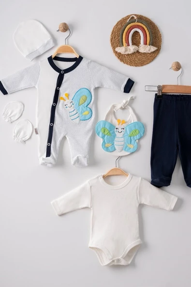 Kelebek Nakışlı Tulumlu % 100 Pamuk Erkek Bebek 5'li Set ürün görseli 1