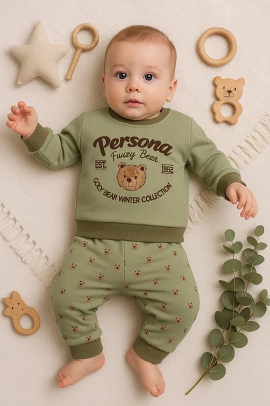 Persona Bear Nakışlı % 100 Pamuk 2'li Erkek Bebek Takım ürün görseli 1