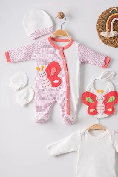Kelebek Nakışlı Puanlı Tulumlu % 100 Pamuk Kız Bebek 5'li Set ürün görseli 1