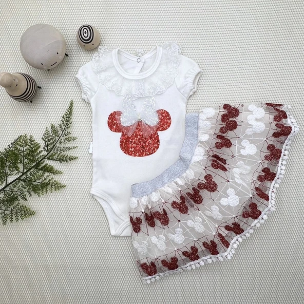 1-2-3 Yaş Payetli Mickey Nakışlı Kısa Kollu Brode Etekli 2li Kız Bebek Takımı Kırmızı ürün görseli 1