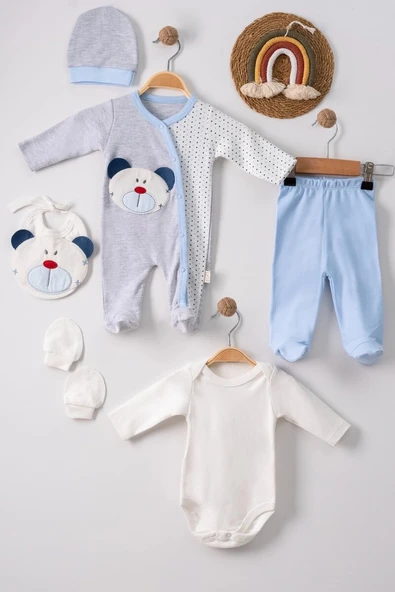 Ayıcık Nakışlı Tulumlu % 100 Pamuk Erkek Bebek 5'li Set ürün görseli 1