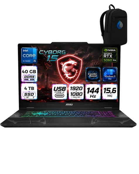Msı Cyborg 15 Intel Core I5-13420H 40 GB DDR5 4 TB SSD RTX5060 8GB Windows 11 Pro 15.6'' Fullhd (1920X1080) 144HZ IPS Taşınabilir Bilgisayar B13WFKGRNP16 ürün görseli 1