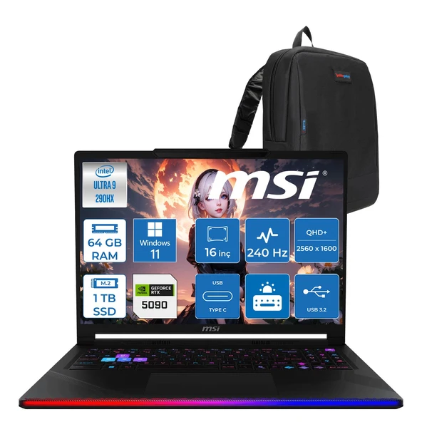 Msi Raider 16 Max Hx OLED B2WJ-022TR Intel Core Ultra 9 290HX Plus 64GB Ddr5 1tb SSD Rtx 5090 24GB 175W Windows 11 Pro 16” Qhd+ (2560X1600) 240Hz Oyuncu Bilgisayarı 022TRP11 + Zetta Çanta ürün görseli 1