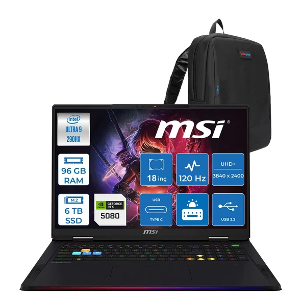 Msi Raider 18 Max Hx A2WI-1040TR Intel Core Ultra 9 290HX Plus 96GB Ddr5 6tb SSD Rtx 5080 16GB 175W Freedos 18” Uhd+ (3840X2400) Miniled 120HZ IPS Oyuncu Bilgisayarı 1040TRF24 + Zetta Çanta ürün görseli 1