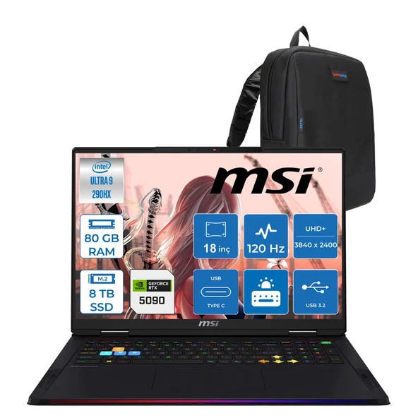 Msi Raider 18 Max Hx A2WJ-1059TR Intel Core Ultra 9 290HX Plus 80GB Ddr5 8tb SSD Rtx 5090 24GB 175W Freedos 18” Uhd+ (3840X2400) Miniled 120HZ IPS Oyuncu Bilgisayarı 1059TRF20 + Zetta Çanta ürün görseli 1