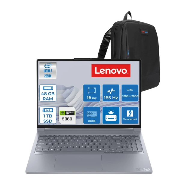 Lenovo Thinkbook 16P G6 Intel Ultra 7 255HX 48GB 1tb SSD 8GB/RTX5060/115W 16" 3.2k (3200X2000) IPS 165hz 500NITS X-Rite WIN11HOME Kurumsal Iş Bilgisayarı 21R0001GTXH18 + Zettaçanta ürün görseli 1
