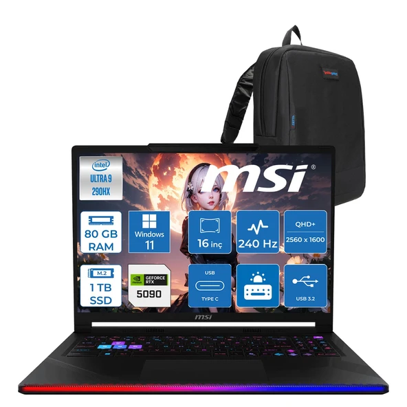 Msi Raider 16 Max Hx OLED B2WJ-022TR Intel Core Ultra 9 290HX Plus 80GB Ddr5 1tb SSD Rtx 5090 24GB 175W Windows 11 Home 16” Qhd+ (2560X1600) 240Hz Oyuncu Bilgisayarı 022TRH16 + Zetta Çanta ürün görseli 1