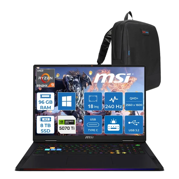 MSI Msı Raıder A18 Hx A8WHG-280TR Amd Ryzen 9 8940HX 96GB Ddr5 8tb SSD Rtx 5070 Ti 12GB Gddr7 140W Windows 11 Home 18” Qhd+ (2560X1600) 240Hz Ips-Level Oyuncu Bilgisayarı 280TRH25 + Zetta Çanta ürün görseli 1