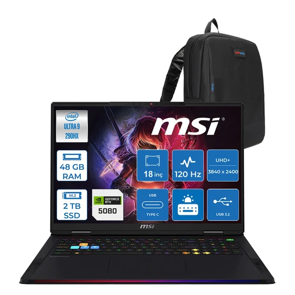 Msi Raider 18 Max Hx A2WI-1040TR Intel Core Ultra 9 290HX Plus 48GB Ddr5 2tb SSD Rtx 5080 16GB 175W Freedos 18” Uhd+ (3840X2400) Miniled 120HZ IPS Oyuncu Bilgisayarı 1040TRF07 + Zetta Çanta ürün görseli 1