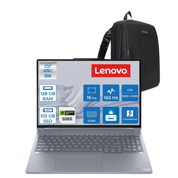 Lenovo Thinkbook 16P G6 Intel Ultra 7 255HX 128GB 512GB SSD 8GB/RTX5060/115W 16" 3.2k (3200X2000) IPS 165hz 500NITS X-Rite WIN11HOME Kurumsal Iş Bilgisayarı 21R0001GTXH41 + Zettaçanta ürün görseli 1