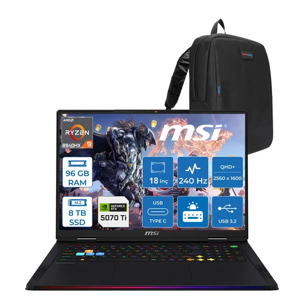 MSI Msı Raıder A18 Hx A8WHG-280TR Amd Ryzen 9 8940HX 96GB Ddr5 8tb SSD Rtx 5070 Ti 12GB Gddr7 140W Freedos 18” Qhd+ (2560X1600) 240Hz Ips-Level Oyuncu Bilgisayarı 280TRF25 + Zetta Çanta ürün görseli 1