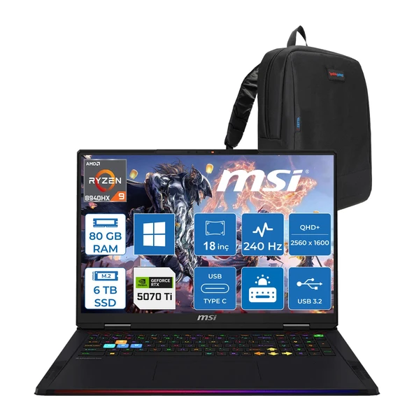 MSI Msı Raıder A18 Hx A8WHG-280TR Amd Ryzen 9 8940HX 80GB Ddr5 6tb SSD Rtx 5070 Ti 12GB Gddr7 140W Windows 11 Home 18” Qhd+ (2560X1600) 240Hz Ips-Level Oyuncu Bilgisayarı 280TRH19 + Zetta Çanta ürün görseli 1