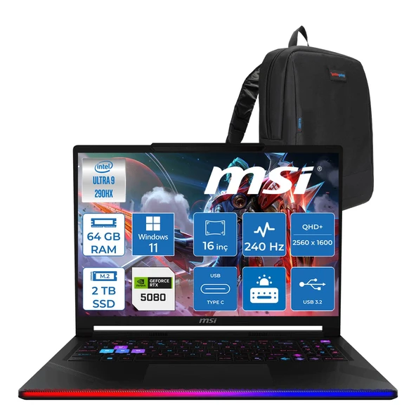 Msi Raider 16 Max Hx OLED B2WI-092TR Intel Core Ultra 9 290HX Plus 64GB Ddr5 2tb SSD Rtx 5080 16GB 175W Windows 11 Home 16” Qhd+ (2560X1600) 240Hz Oyuncu Bilgisayarı 092TRH12 + Zetta Çanta ürün görseli 1