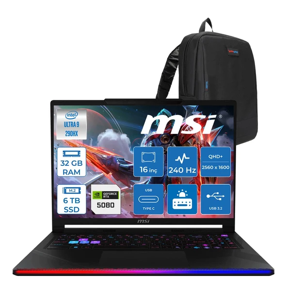 Msi Raider 16 Max Hx OLED B2WI-092TR Intel Core Ultra 9 290HX Plus 32GB Ddr5 6tb SSD Rtx 5080 16GB 175W Freedos 16” Qhd+ (2560X1600) 240Hz Oyuncu Bilgisayarı 092TRF04 + Zetta Çanta ürün görseli 1