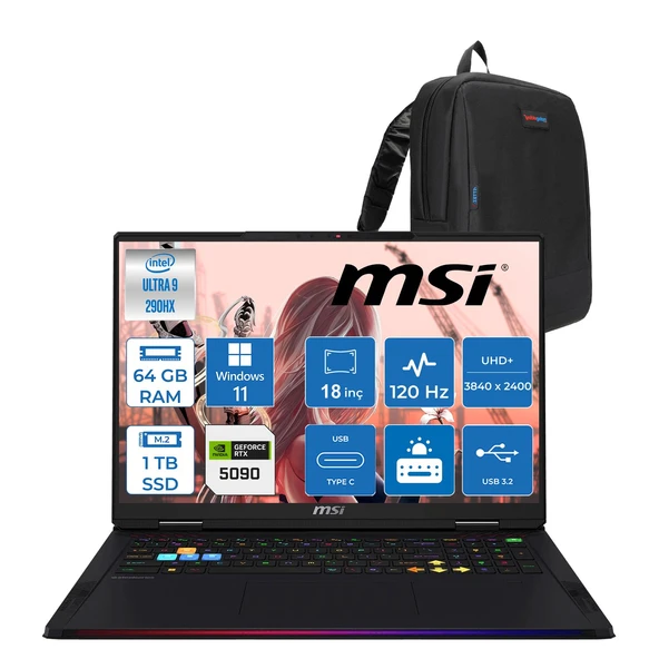 Msi Raider 18 Max Hx A2WJ-1059TR Intel Core Ultra 9 290HX Plus 64GB Ddr5 1tb SSD Rtx 5090 24GB 175W Windows 11 Home 18” Uhd+ (3840X2400) Miniled 120HZ IPS Oyuncu Bilgisayarı 1059TRH11 + Zetta Çanta ürün görseli 1