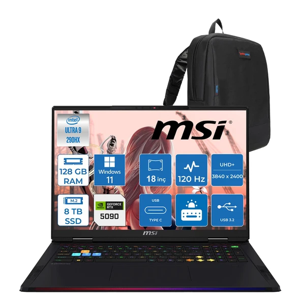 Msi Raider 18 Max Hx A2WJ-1059TR Intel Core Ultra 9 290HX Plus 128GB Ddr5 8tb SSD Rtx 5090 24GB 175W Windows 11 Pro 18” Uhd+ (3840X2400) Miniled 120HZ IPS Oyuncu Bilgisayarı 1059TRP30 + Zetta Çanta ürün görseli 1
