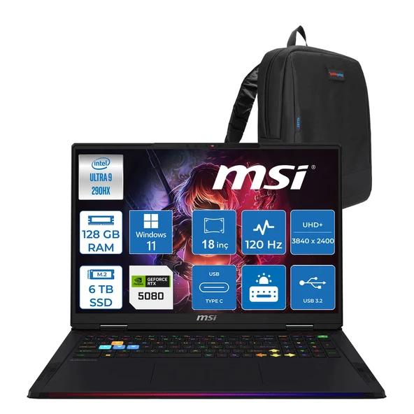 Msi Raider 18 Max Hx A2WI-1040TR Intel Core Ultra 9 290HX Plus 128GB Ddr5 6tb SSD Rtx 5080 16GB 175W Windows 11 Home 18” Uhd+ (3840X2400) Miniled 120HZ IPS Oyuncu Bilgisayarı 1040TRH29 + Zetta Çanta ürün görseli 1
