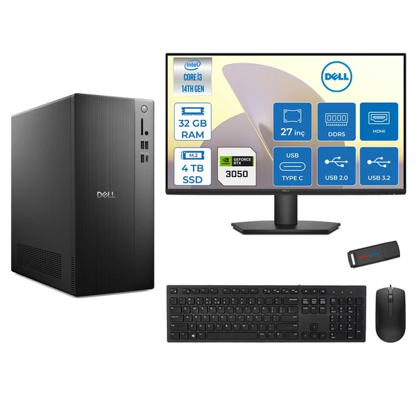 Dell Tower ECT1250 Intel Core I3 14100 32GB Ddr5 4tb SSD 6GB/RTX3050 27" Mon Freedos Kurumsal Masaüstü Bilgisayar 30503ECT125014M27F12 + Zettausb ürün görseli 1