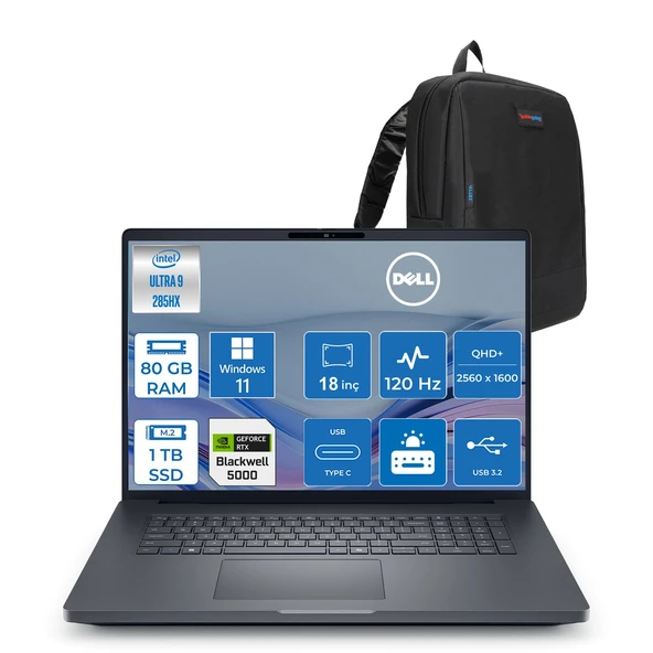 Dell Pro Max 18 Plus Intel Core Ultra 9 285HX 80GB Ddr5 1tb SSD Rtx Pro 5000 Blackwell 24GB Windows 11 Home 18" 120HZ Qhd+ 2560 x 1600 Wva 500NITS Mobil Iş Istasyonu MB18250275H16 + Zetta Çanta ürün görseli 1