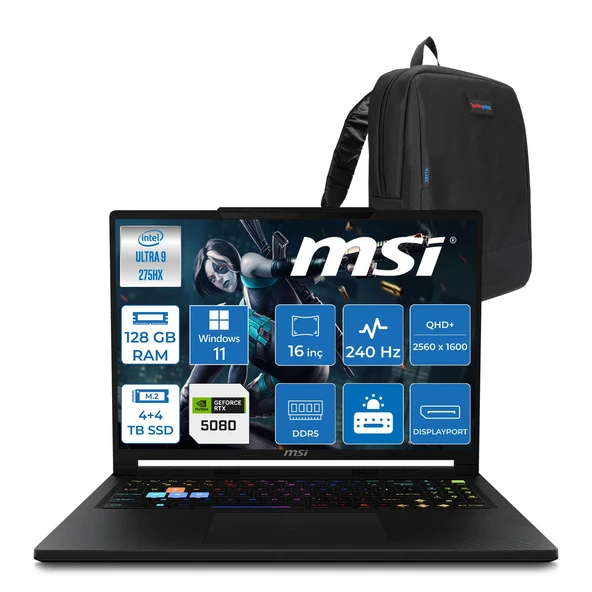 MSI Msı Raider 16 Hx B2WI-021TR Intel Ultra 9 275HX Aı 128GB Ddr5 4tb SSD +4tb SSD 16GB/RTX5080 175W  16" QHD+(2560X1600), 240Hz IPS 100% Dcı-P3 WINDOWS11HOME Gaming Laptop MSW021TRH56+ZETTAÇANTA ürün görseli 1