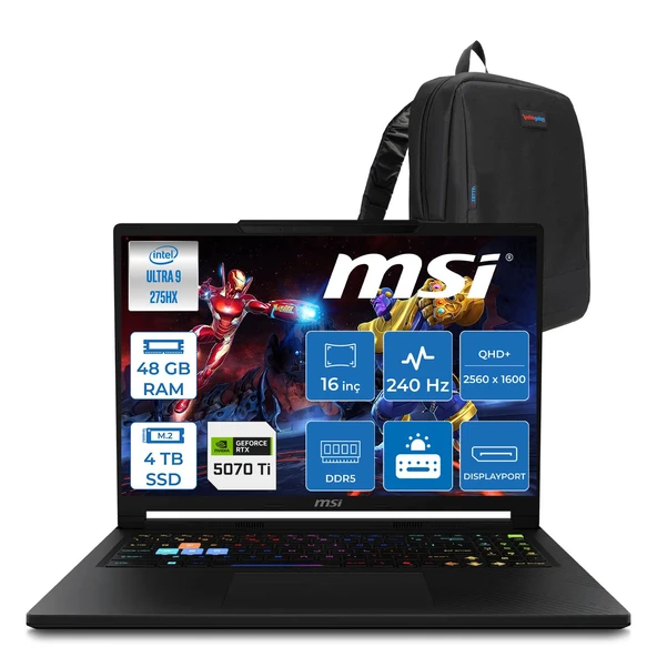 MSI Msı Raider 16 Hx B2WH-091TR Intel Ultra 9 275HX Aı 48GB Ddr5 4tb SSD 12GB/RTX5070Tİ 140W  16" QHD+(2560X1600), 240Hz IPS 100% Dcı-P3 Freedos Gaming Laptop MSW091TRF23+ZETTAÇANTA ürün görseli 1