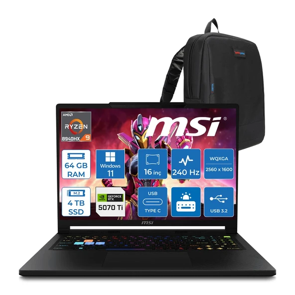 MSI Msı Raider 16 Hx B8WH-011TR Ryzen 9 8940HX Aı 64GB Ddr5 4tb SSD 12GB/RTX5070Tİ 140W  16" QHD+(2560X1600), 240Hz IPS 100% Dcı-P3 WINDOWS11PRO Gaming Laptop MSW011TRP31+ZETTAÇANTA ürün görseli 1