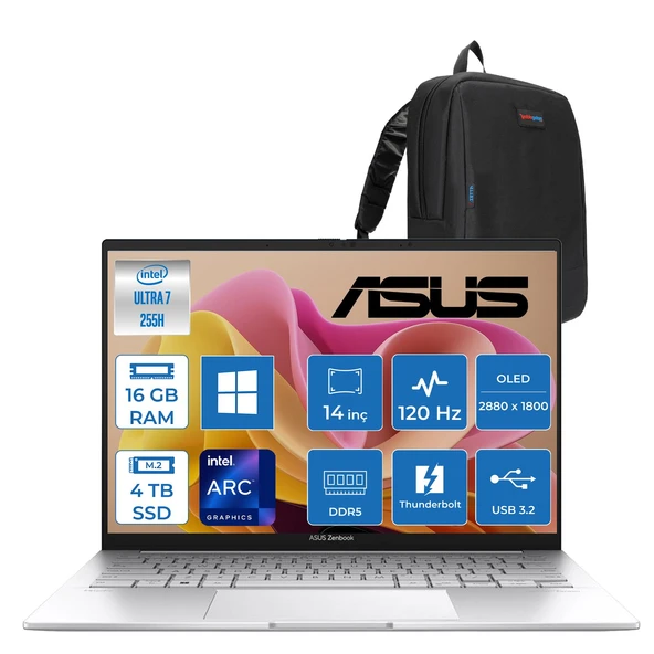 Asus Zenbook 14 Intel Core Ultra 7 255H 16GB LPDDR5X 4tb 14" 3k OLED 120Hz 600NIT Intel Arc Graphics Windows 11 Home Taşınabilir Bilgisayar UX3406CAH04 + Zettaçanta ürün görseli 1